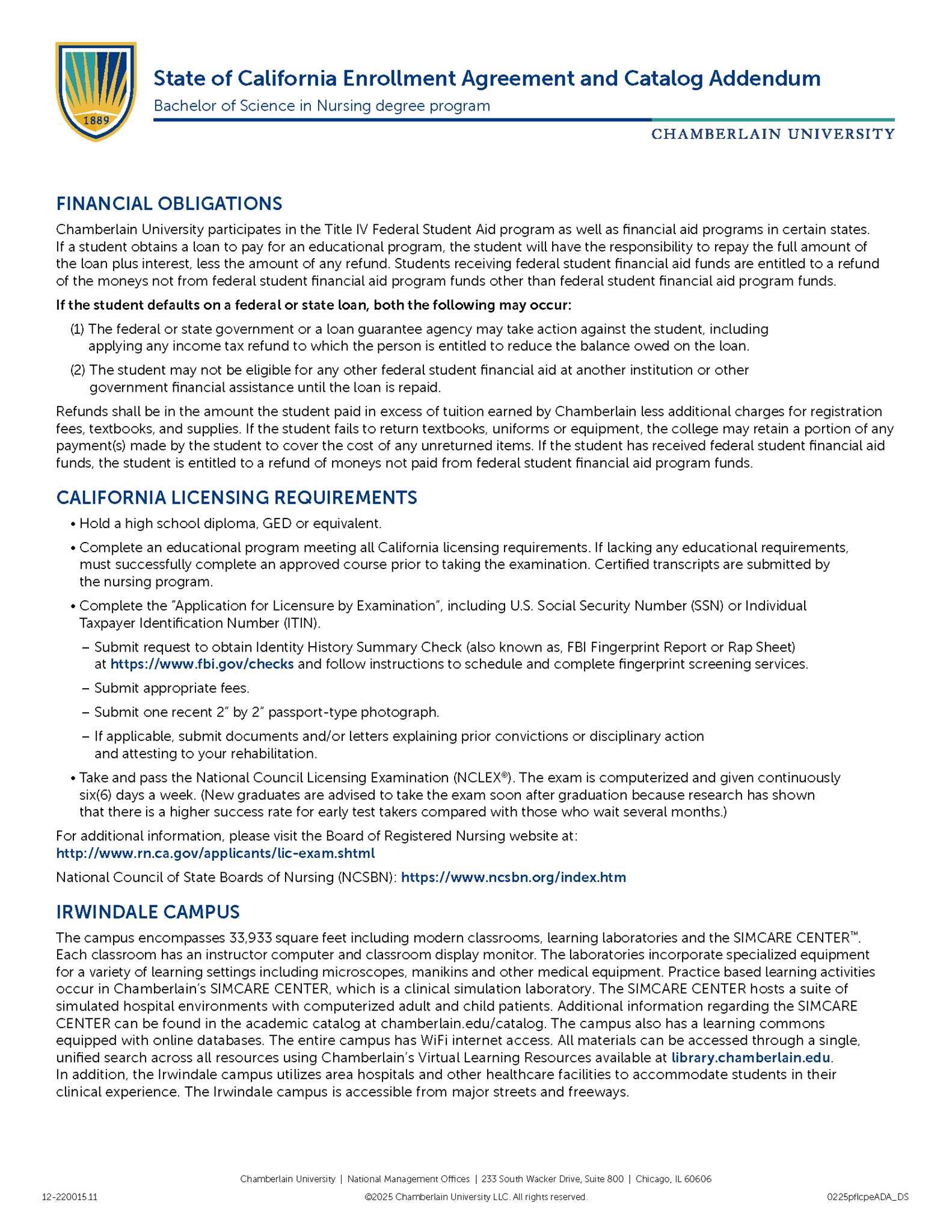 Picture of California Enrollment Agreement and Catalog Addendum - Bachelor of Science in Nursing Degree Program